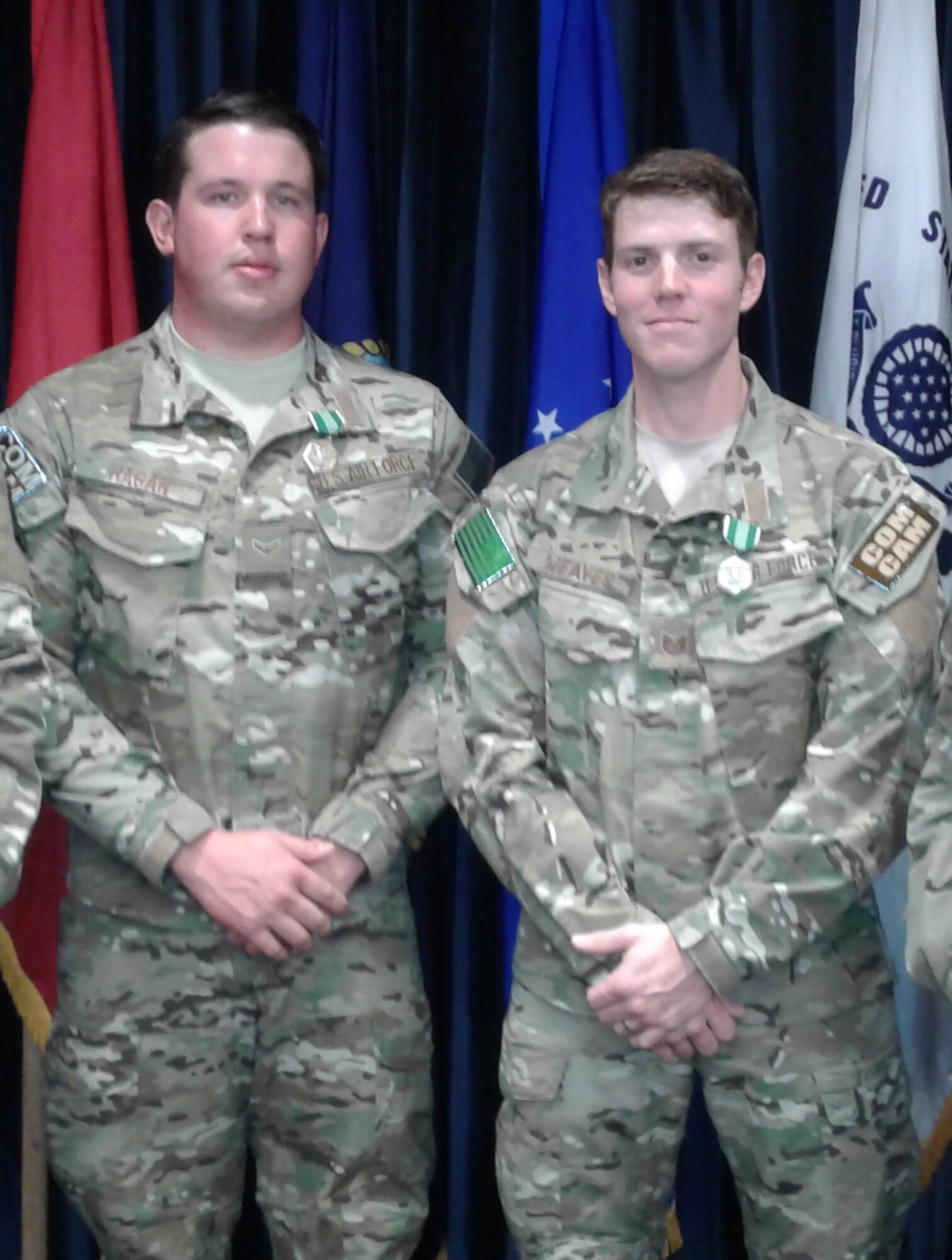1st Combat Camera Squadron won the first place trophy for the 2017 DoD Best Combat Camera Team Competition. Tech. Sgt. Sam Weaver (right) and Airman 1st Class Kyle Hagan (left) earned overall first place honors and were presented Army Commendation medals at the awards ceremony held at Ft. Meade, Md. on Friday, April 21, 2017.  Sgt. Weaver and Airman Hagan also placed first in the individual categories for the Visual Information exam, the obstacle course and M4 rifle qualification.
