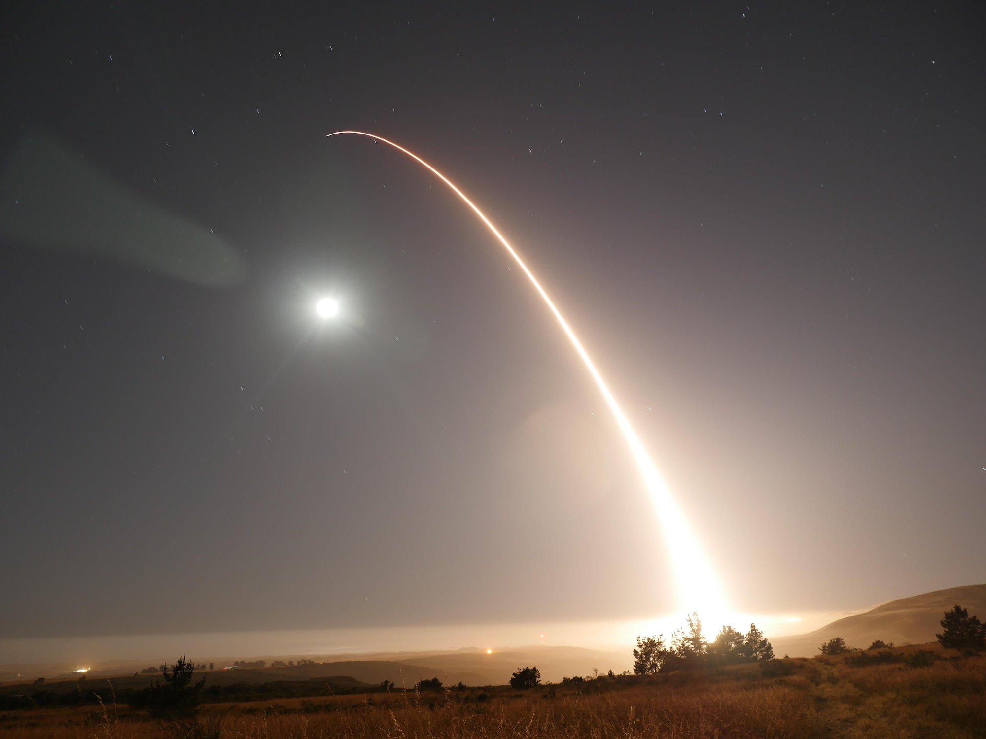 An unarmed Minuteman III intercontinental ballistic missile launches during an operational test at 12:02 a.m. Pacific Daylight Time May 3, 2017, at Vandenberg Air Force Base, Calif. (U.S. Air Force photo/2nd Lt. William Collette)
