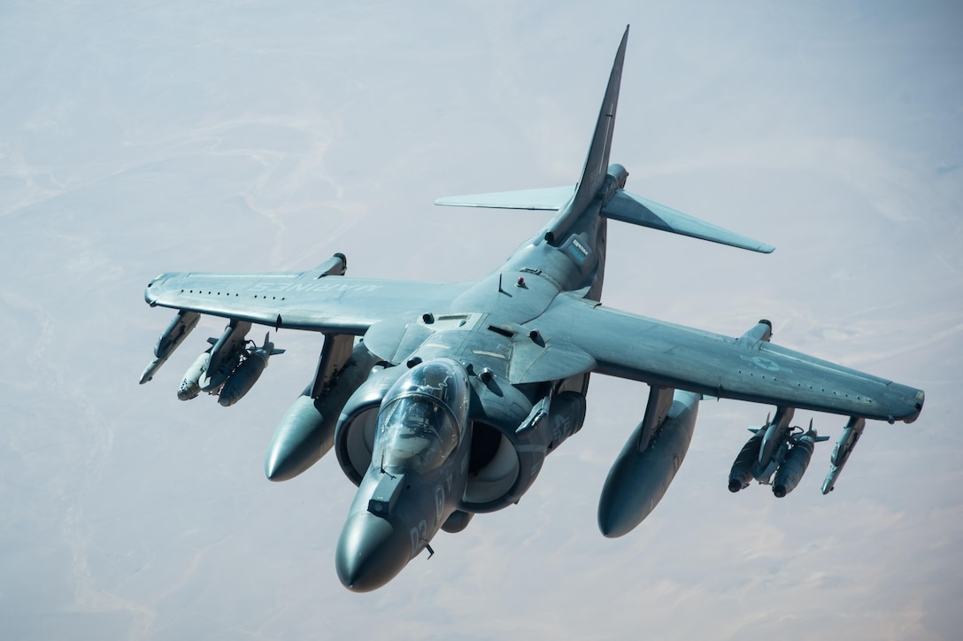 A U.S. Marine Corps AV-8B Harrier separates from a KC-10 Extender after receiving fuel during a mission in support of Combined Joint Task Force Operation Inherent Resolve over Iraq, Feb. 22, 2017.The KC-10 Extender offloaded 126,000 pounds of fuel to multinational coalition aircraft working to weaken and destroy Islamic State in Iraq and Syria operations. Air Force photo by Senior Airman Tyler Woodward