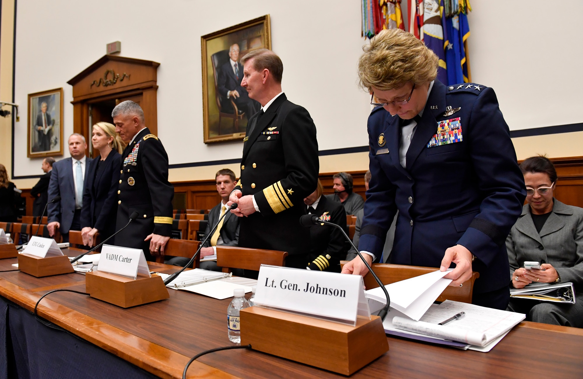 Lt. Gen. Michelle Johnson, the United States Air Force Academy superintendent, reviews her notes before testifying before the House Armed Services Committee on sexual assault within America's service academies May 2, 2017, in Washington, D.C.  Johnson was joined by Vice Adm. Walter E. "Ted" Carter, Jr., the U.S. Naval Academy superintendent, Lt. Gen. Robert L. Caslen, Jr., the U.S. Military Academy superintendent and Dr. Elizabeth Van Winkle, the assistant secretary of defense for readiness. (U.S. Air Force photo/Wayne A. Clark)