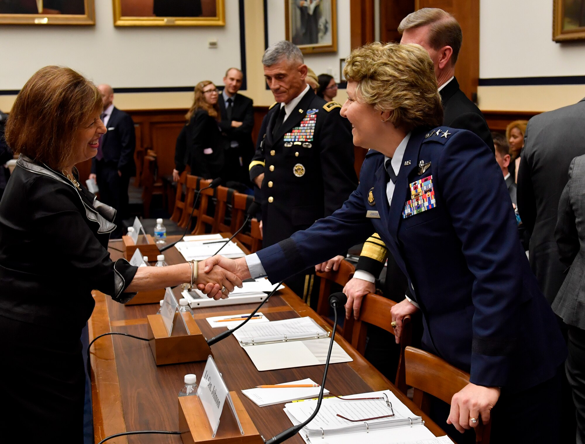 Lt. Gen. Michelle Johnson, the United States Air Force Academy superintendent, shakes the hand of Congresswoman Jackie Speier before testifying with the House Armed Services Committee on sexual assault within America's service academies May 2, 2017, in Washington, D.C. Johnson was joined by Vice Adm. Walter E. "Ted" Carter, Jr., the U.S. Naval Academy superintendent, Lt. Gen. Robert L. Caslen, Jr., the U.S. Military Academy superintendent and Dr. Elizabeth Van Winkle, the assistant secretary of defense for readiness. (U.S. Air Force photo/Wayne A. Clark)