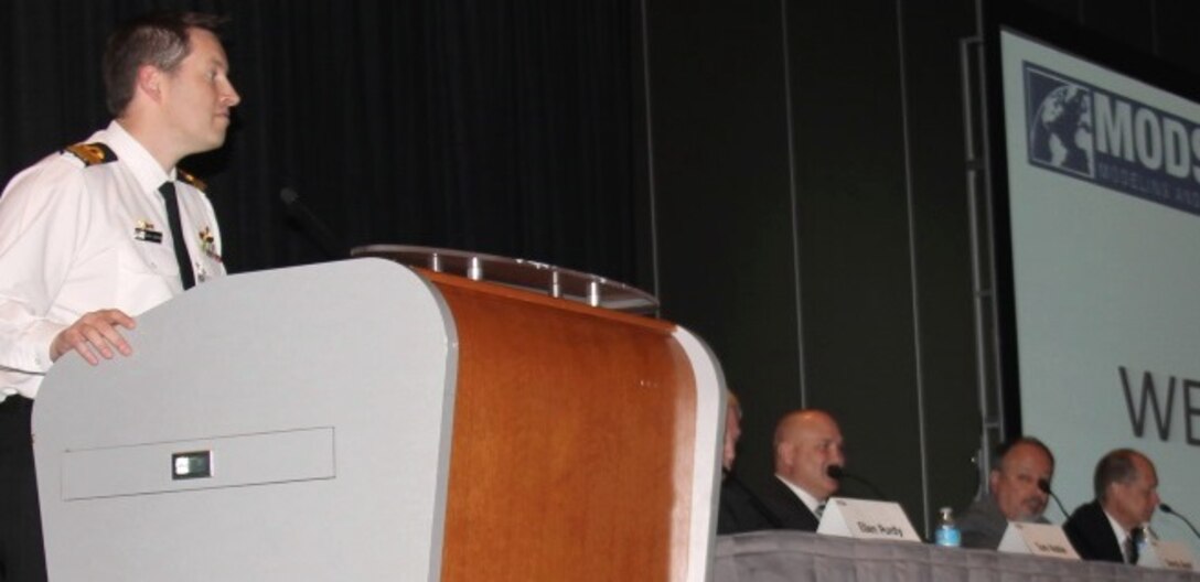 VIRGINIA BEACH, Va. (April 27, 2017) – Lt. Cmdr. Chris Davidson, RAN, moderates  the “Use and Advancement of M&S Technologies for Defense and Security” panel, which also featured Dr. Jeffrey Temple from Combat Direction Systems Activity Dam Neck. 