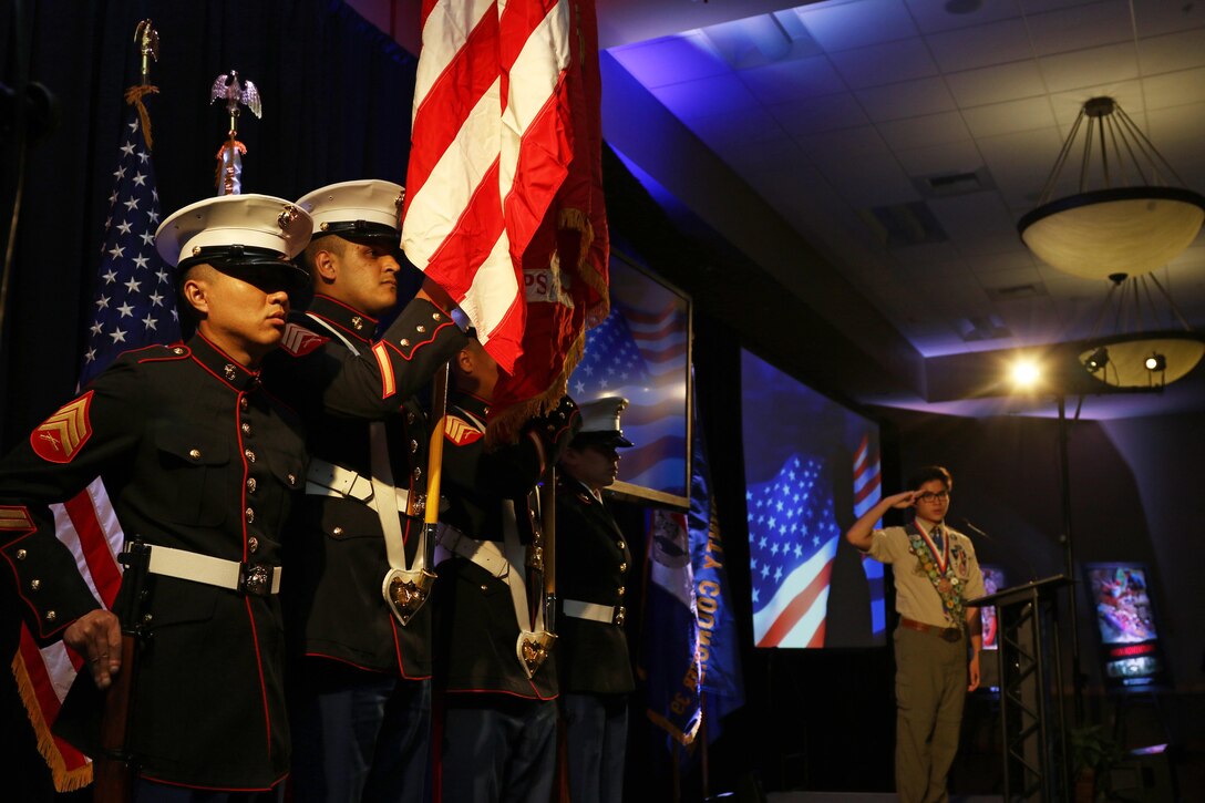 The U.S. Marine Corps Color Guard of Recruiting Station Orange County presents colors during the Eagle Scout Recognition Dinner in Garden Grove, Calif., April 26, 2017. (U.S. Marine Corps photo by Sgt. Jessica Quezada)