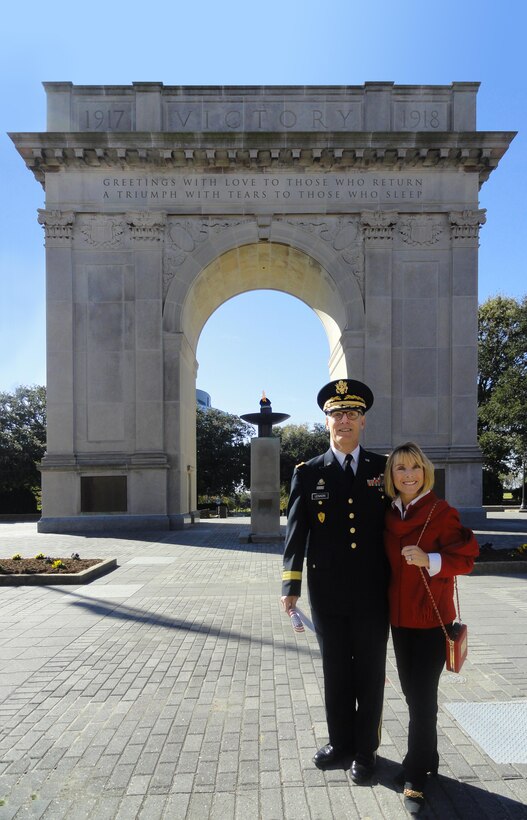 Maj. Gen. Peter S. Lennon, and his wife, Elaine, in front of the World War I Victory Arch, Newport News, Va. Lennon retired in March after serving 40 years in the Army. Lennon’s last assignment was the U.S. Army Reserve Command deputy commanding general for support. He had a storied career as an Army logistician. During his retirement ceremony, Mrs. Lennon was recognized as the first recipient of the prestigious Dr. Mary Walker award for service to miltiary Families. (Courtesy photo/Maj. Gen. Peter S. Lennon)