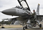Capt. Dakota Newton, a 14th Fighter Squadron standards and evaluations liaison officer, climbs a ladder to the cockpit of an F-16 Fighting Falcon prior to the start of a bilateral exercise named Seikan War at Misawa Air Base, April 19, 2017. Exercises such as this enhance inoperability between the Air Force and Japan Air Self-Defense Forces and showcase the long standing military partnership and commitment between the two nations ensuring security and stability throughout the Indo Asia Pacific region.