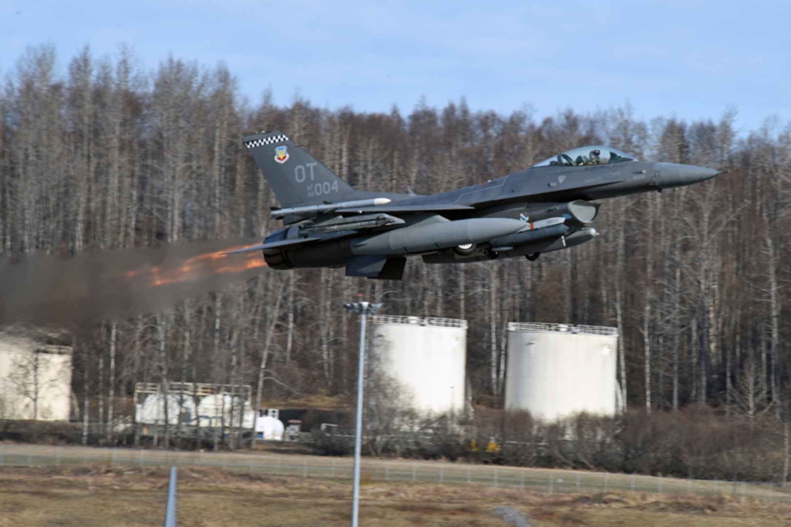An F-16 Fighting Falcon with the 53rd Wing at Nellis Air Force Base, Nev., departs the runway at Joint Base Elmendorf-Richardson, Alaska, May 2 during Exercise Northern Edge 2017. Northern Edge is Alaska’s largest and premier joint training exercise designed to practice operations, techniques and procedures as well as enhance interoperability among the services. Thousands of participants from all the services Airmen, Soldiers, Sailors, Marines and Coast Guard personnel from active duty, Reserve and National Guard units are involved.