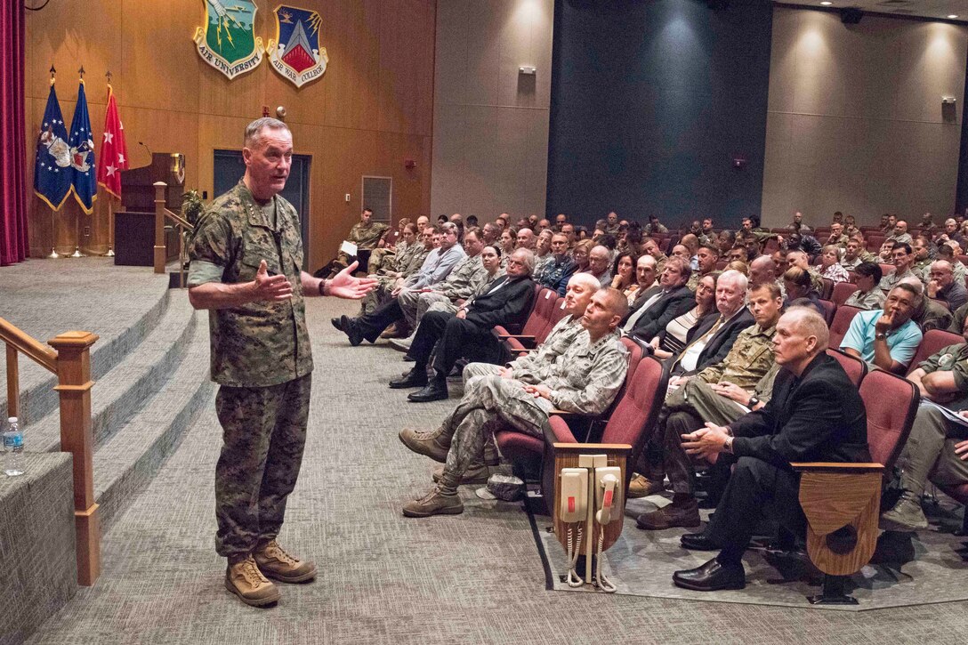 Marine Corps Gen. Joseph F. Dunford Jr., chairman of the Joint Chiefs of Staff, delivers remarks to U.S. Armed Forces and International students at the Air War College at Maxwell Air Force Base, Ala., May 3, 2017. DoD photo by Navy Petty Officer 2nd Class Dominique A. Pineiro