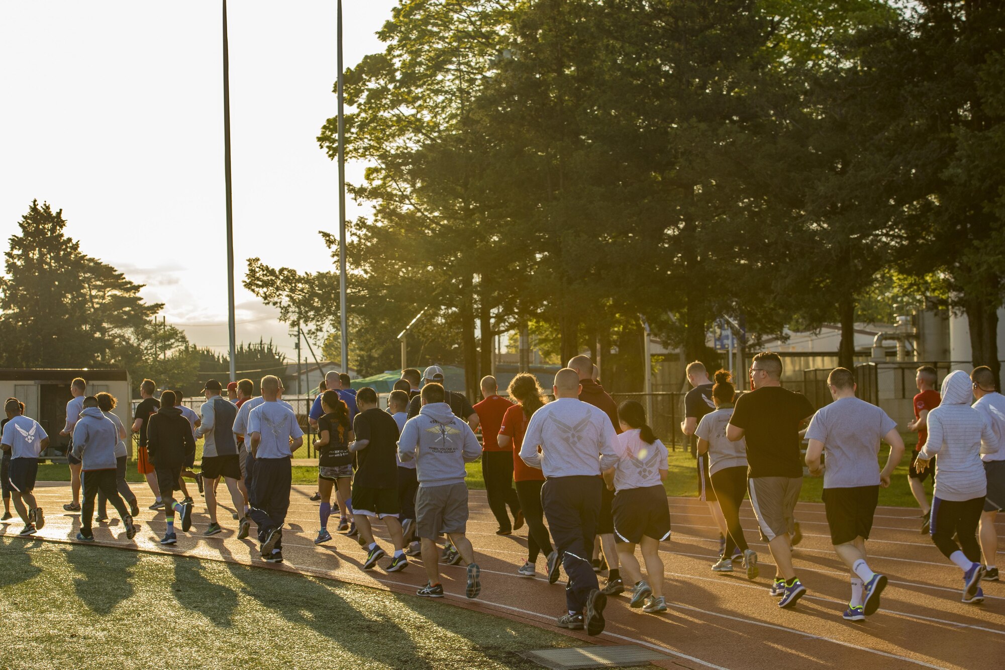 Warrior Run fitness program participants run as a group April 28, 2017, at Yokota Air Base, Japan. The Warrior Run is free and is open to anyone, it lasts one hour and is split in two areas of focus: strength and endurance. (U.S. Air Force photo by Airman 1st Class Donald Hudson)
