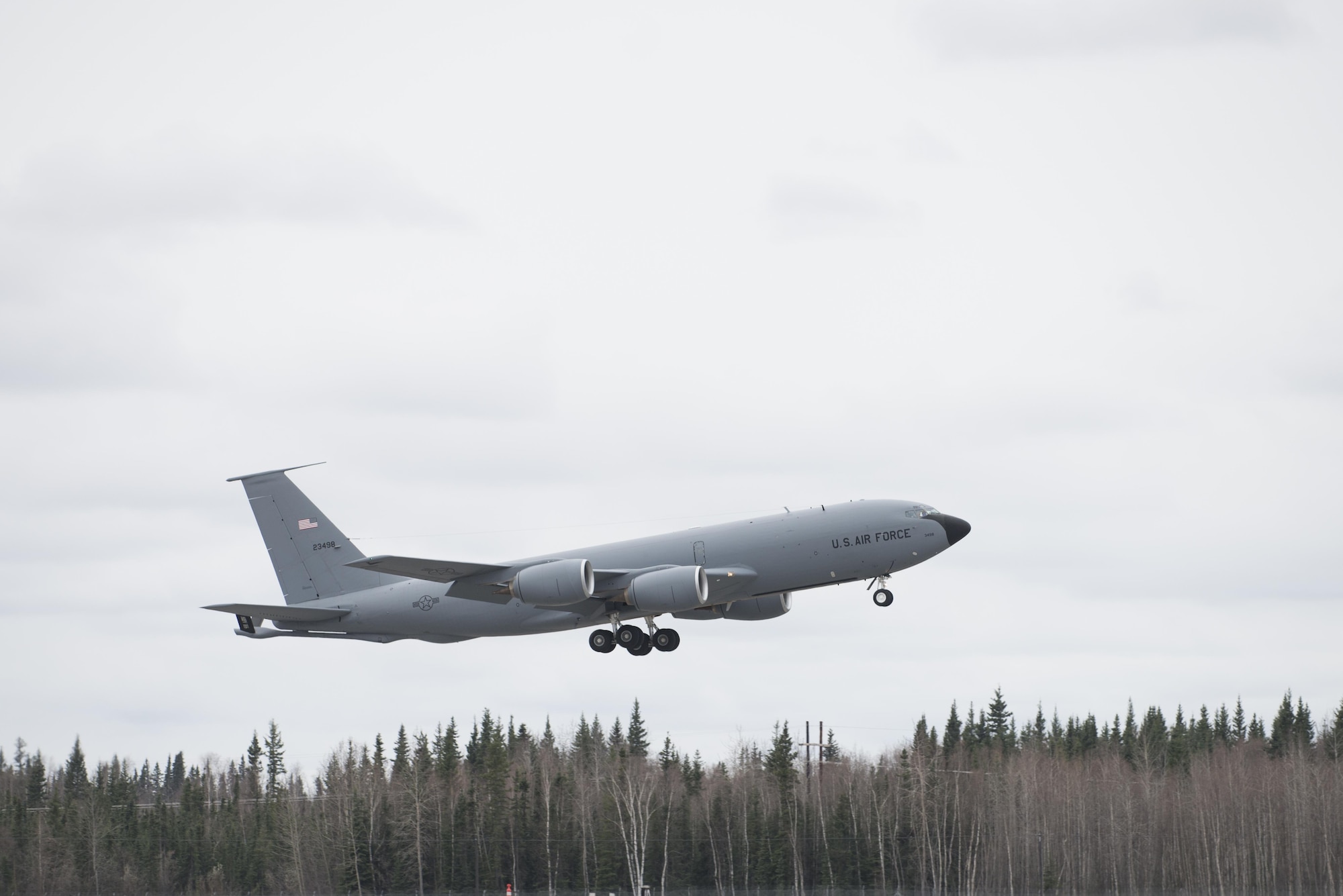 EIELSON AIR FORCE BASE, Alaska – A U.S. Air Force KC-135 Stratotanker assigned to the 931st Air Refueling Wing out of McConnell Air Force Base, Kan., takes off during NORTHERN EDGE 2017 (NE17), May 3, 2017, at Eielson Air Force Base, Alaska. NE17 is Alaska’s premier joint training exercise designed to practice operations, techniques and procedures as well as enhance interoperability among the services. Thousands of participants from all the services, Airmen, Soldiers, Sailors, Marines and Coast Guardsmen from active duty, Reserve and National Guard units are involved. (U.S. Air Force photo/Staff Sgt. Ashley Nicole Taylor)