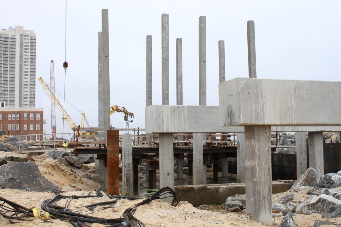 The U.S. Army Corps of Engineers' Philadelphia District and its contractor are building two sections of a seawall and rebuilding portions of the Atlantic City boardwalk along the Absecon Inlet. Work is designed to reduce damages from coastal storms. 