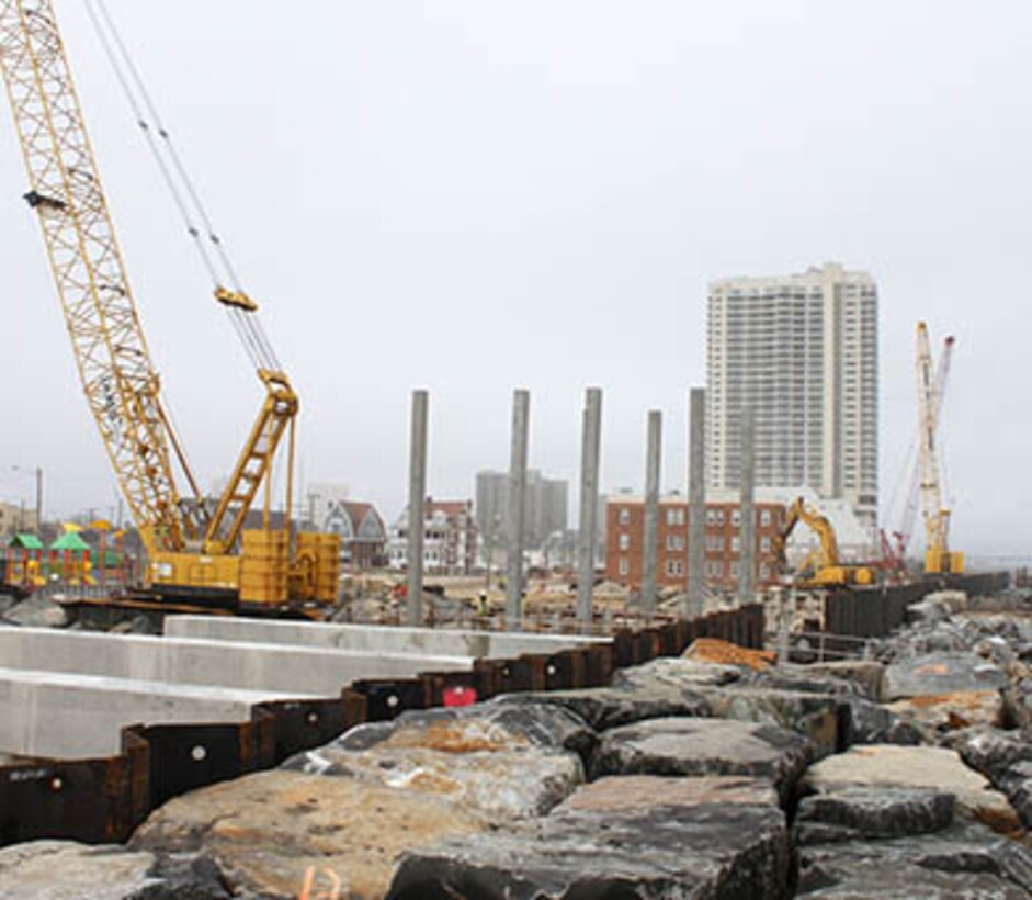 The U.S. Army Corps of Engineers' Philadelphia District and its contractor are building two sections of a seawall and rebuilding portions of the Atlantic City boardwalk along the Absecon Inlet. Work is designed to reduce damages from coastal storms. 