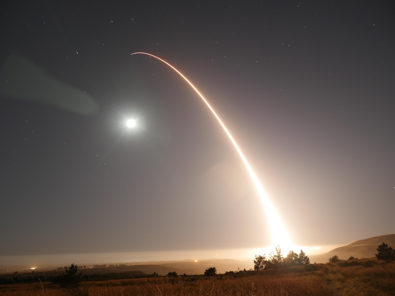 An unarmed Minuteman III intercontinental ballistic missile launches during an operational test at 12:02 a.m. Pacific Daylight Time Wednesday, May 3, 2017, at Vandenberg Air Force Base, Calif. (U.S. Air Force photo by 2nd Lt. William Collette)