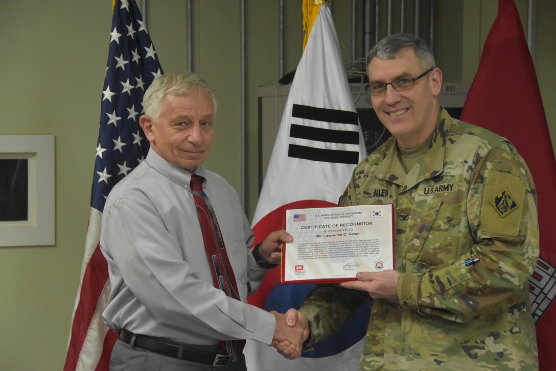 Far East District project manager Larry Grant was nominated as the Far East District’s U.S. Army Corps of Engineers Project Manager of the Year. He was recognized for managing approximately $550 million in Republic of Korea funded construction and military construction projects while consistently displaying excellent leadership and communication skills, as well as providing expert consultation for team members and Corps customers. 