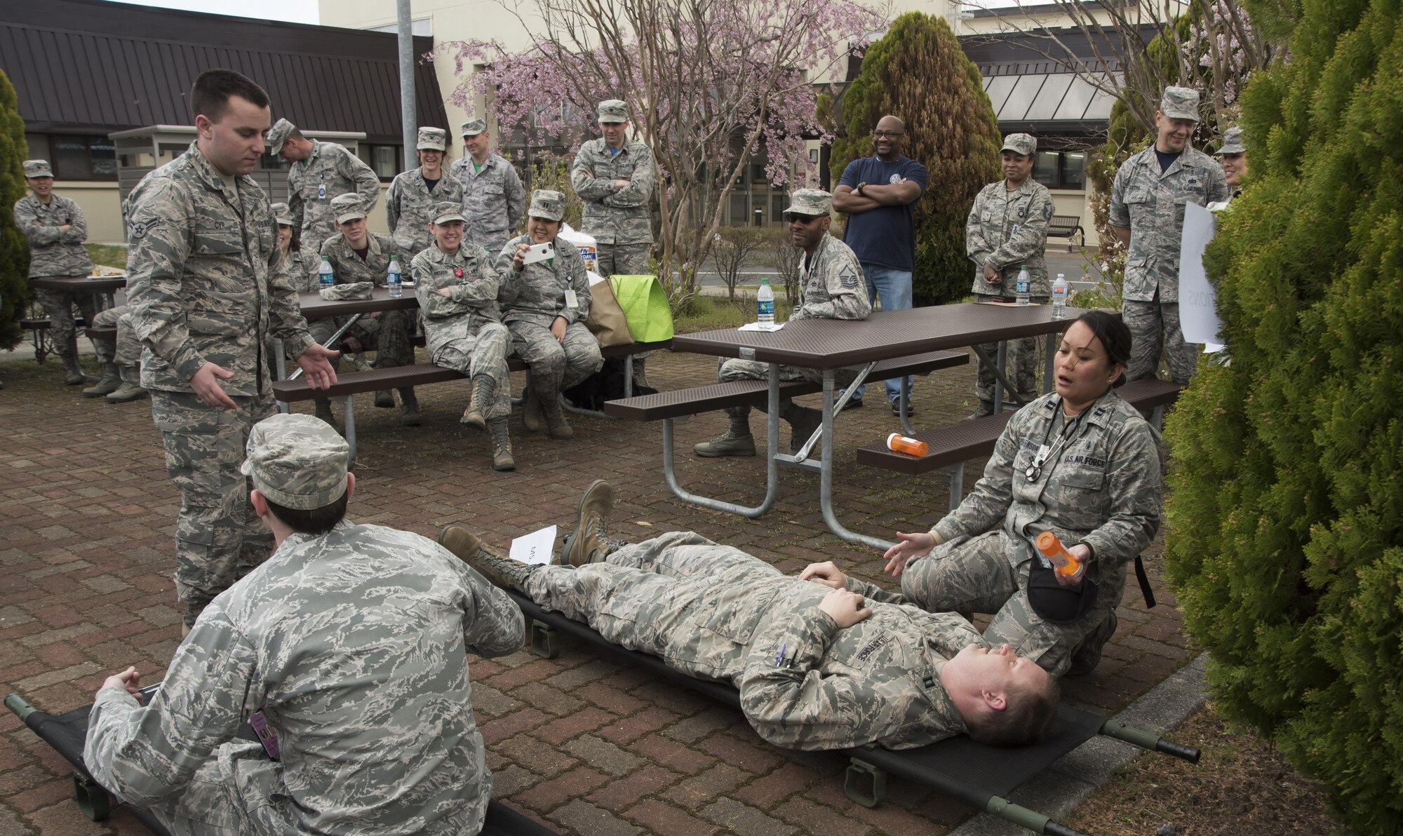 Members of the 35th Medical Group perform a comical skit about the importance of patient safety at Misawa Air Base, Japan, April 28, 2017. The skit was one event that took place in light of Patient Safety Awareness Week. (U.S. Air Force photo by Staff Sgt. Melanie A. Hutto)