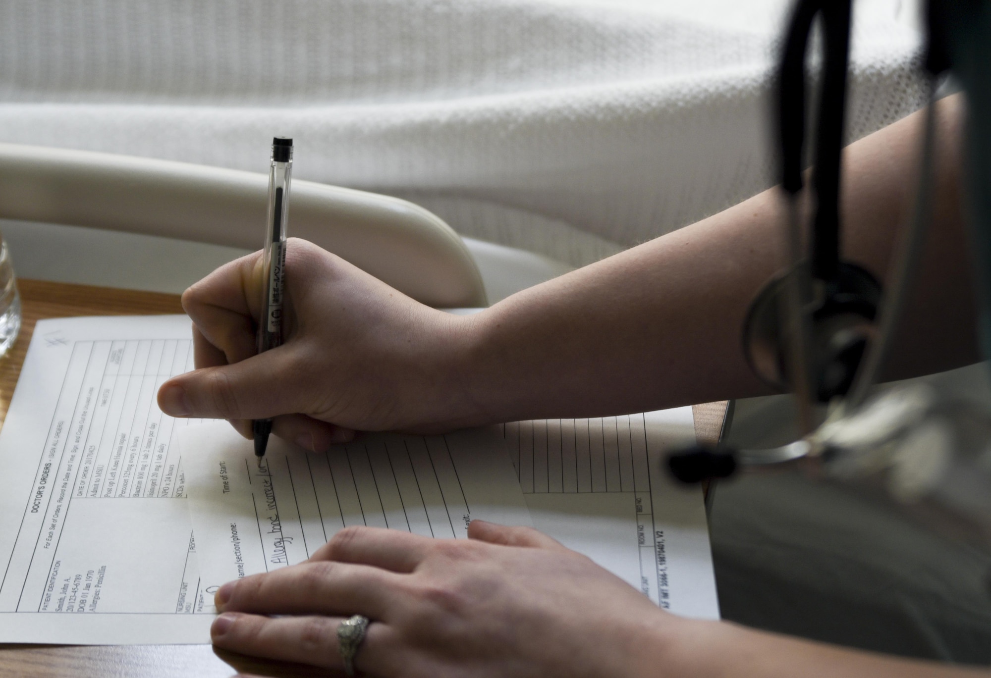 U.S. Air Force 2nd Lt. Emily Orlowicz, a 673rd In-Patient Operations Squadron clinical nurse from Joint Base Elmendorf-Richardson, Alaska, annotates errors she observes based off the doctor’s order during the “room of horror” challenge at Misawa Air Base, Japan, April 25, 2017. The “room of horror” was set up for two days and designed to engage the 35th MDG staff through an educational and awareness-building activity specific to patient safety. (U.S. Air Force photo by Staff Sgt. Melanie A. Hutto)