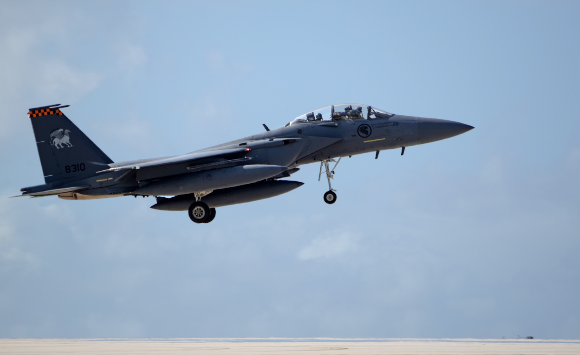 A Republic of Singapore Air Force F-15SG prepares to land April 10, 2017, at Andersen Air Force Base, Guam. The RSAF deployed to Andersen AFB to conduct bilateral training for aircrew and maintenance personnel to sharpen their skills and strengthen ties with partners in the Pacific. (U.S. Air Force Airman/1st Class Gerald R. Willis)