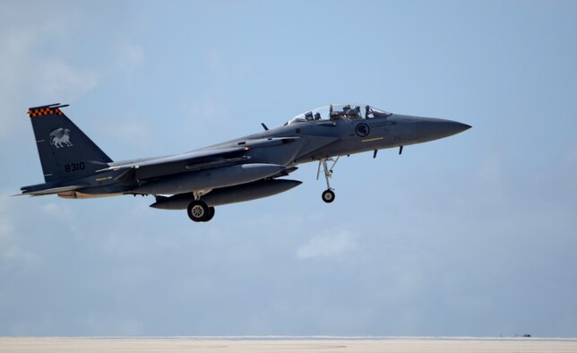 A Republic of Singapore Air Force (RSAF) F-15SG prepares to land April 10, 2017, at Andersen Air Force Base, Guam. The RSAF deployed to Andersen to conduct bilateral training for aircrew and maintenance personnel to sharpen their skills and strengthen ties with partners in the Pacific. (U.S. Air Force photo/ Airman 1st Class Gerald R. Willis)