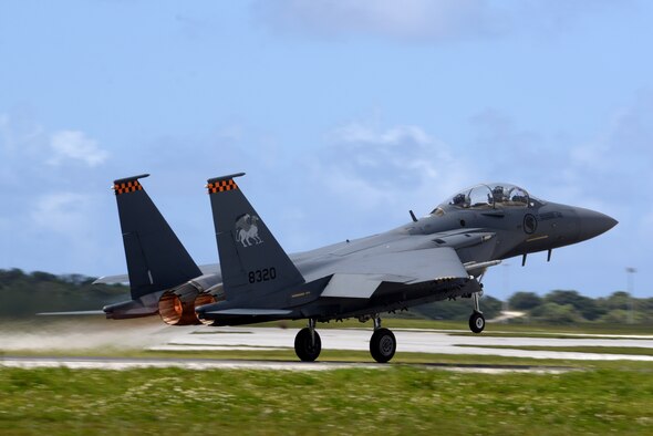 A Republic of Singapore Air Force (RSFAF) F-15SG takes-off April 20, 2017, at Andersen Air Force Base, Guam. The RSAF deployed to Andersen in support of Exercise Vigilant Ace to conduct bilateral training for aircrew and maintenance personnel to sharpen their skills and strengthen ties with partners in the Pacific. (U.S. Air Force photo/Airman 1st Class Gerald R. Willis)