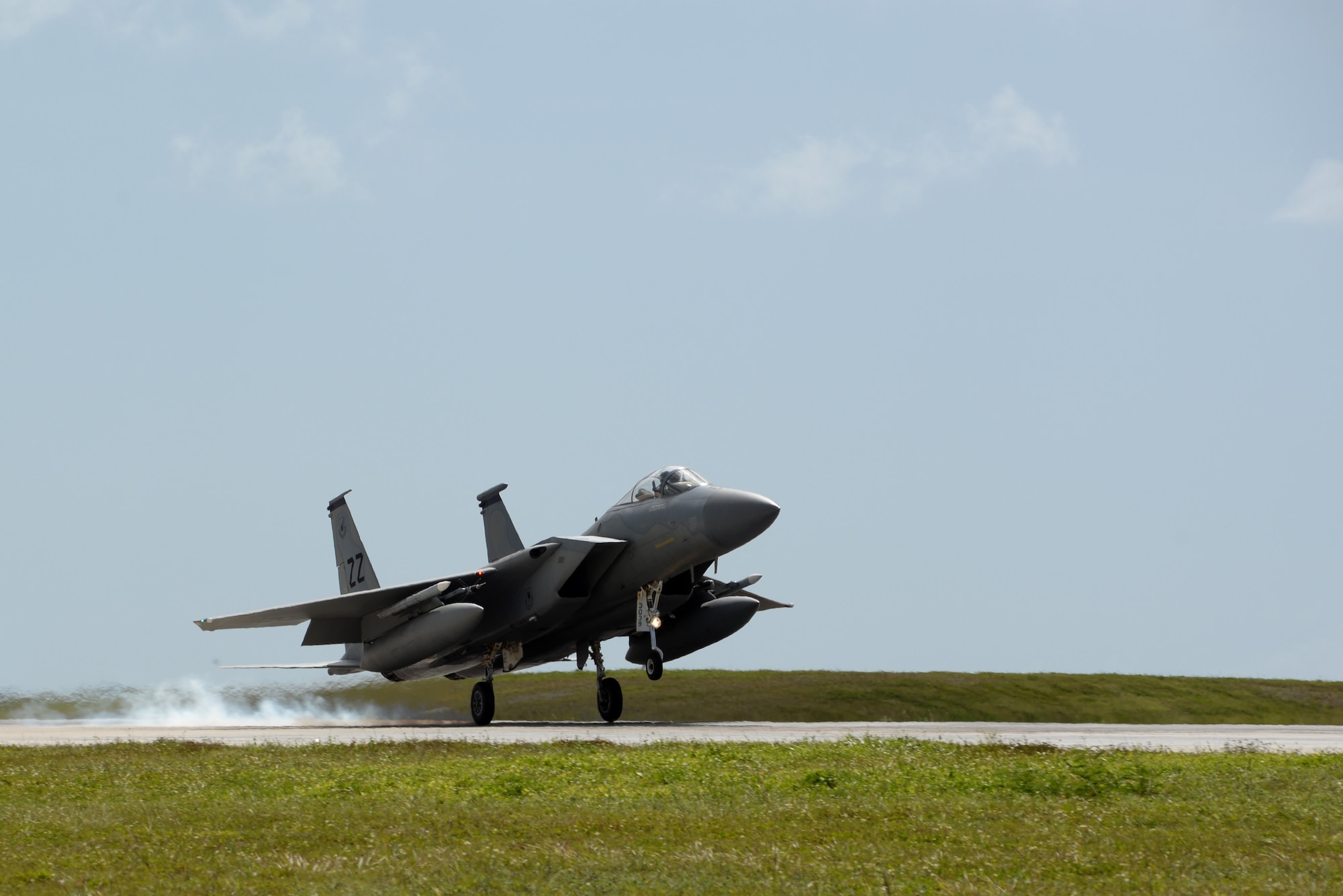 A U.S. Air Force F-15 Eagle, assigned to Kadena Air Base, Japan, lands at Andersen Air Force Base, Guam on April 20, 2017. Fighters from Kadena AB deployed alongside Republic of Singapore Air Force fighters to conduct bilateral training in the Pacific during Exercise Vigilant Ace. (U.S. Air Force/Airman 1st Class Gerald R. Willis)