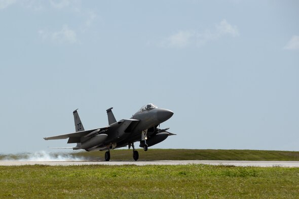 A U.S. Air Force F-15 Eagle, assigned to Kadena Air Base, Japan, lands at Andersen Air Force Base, Guam on April 20, 2017. Fighters from Kadena deployed alongside Republic of Singapore Air Force fighters to conduct bilateral training in the Pacific during Exercise Vigilant Ace. (U.S. Air Force photo/Airman 1st Class Gerald R. Willis)