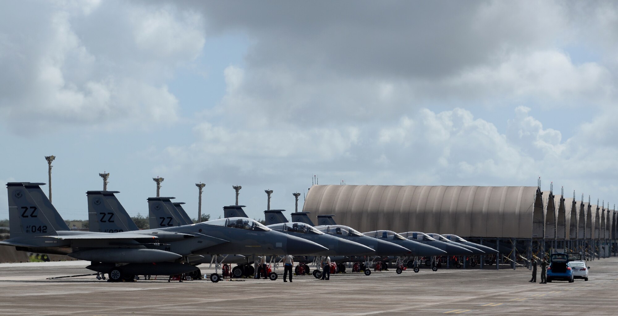 U.S. Air Force F-15 Eagles, assigned to Kadena Air Base, Japan, sit on the flightline, April 20, 2017, at Andersen Air Force Base, Guam. Fighters from Kadena AB deployed alongside Republic of Singapore Air Force fighters to conduct bilateral training in the Pacific during Exercise Vigilant Ace. (U.S. Air Force/Airman 1st Class Gerald R. Willis)
