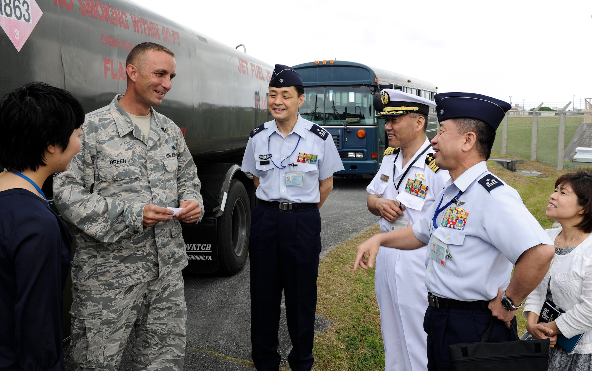 U.S. Air Force Tech. Sgt. Jeffrey Green, 18th Logistics Readiness Squadron fuels facilities NCO in charge, speaks with Japan Air Self-Defense Force Air Staff College members April 27, 2017, at Kadena Air Base, Japan. Touring Kadena’s fuels facilities is an opportunity for professional networking throughout Okinawa’s fuels community. (U.S. Air Force photo by Senior Airman Lynette M. Rolen)