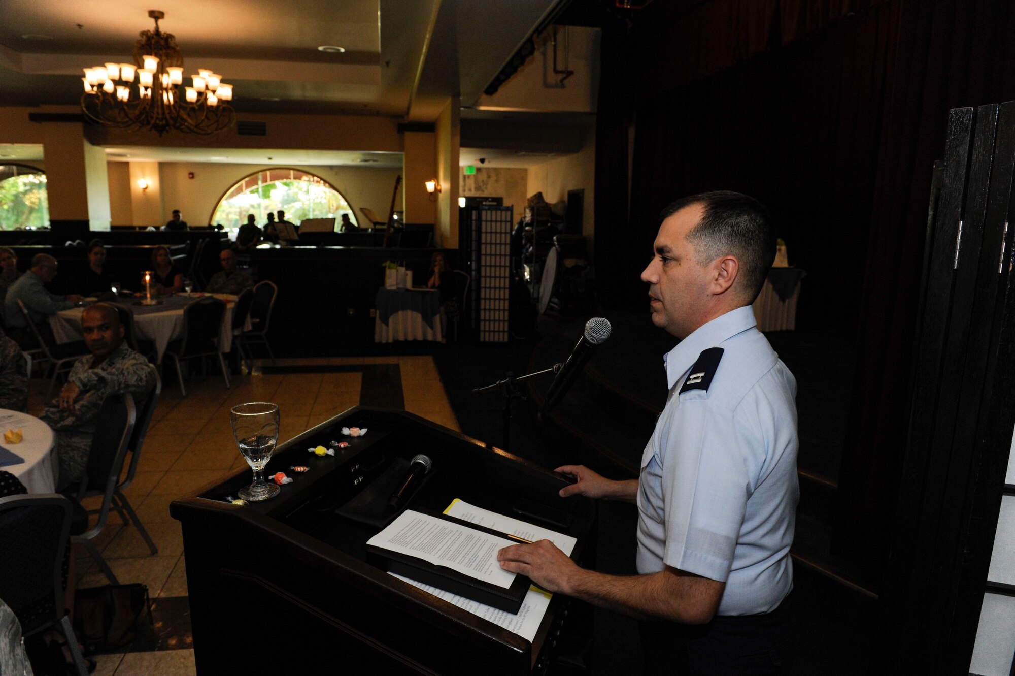 U.S. Air Force Capt. James Taylor, 18th Wing chaplain, speaks during the 18th Wing Annual Volunteer Recognition ceremony April 28, 2017, at Kadena Air Base, Japan. The Annual Volunteer Recognition ceremony awards the efforts of Kadena’s most influential volunteers. (U.S. Air Force photo by Senior Airman Lynette M. Rolen)