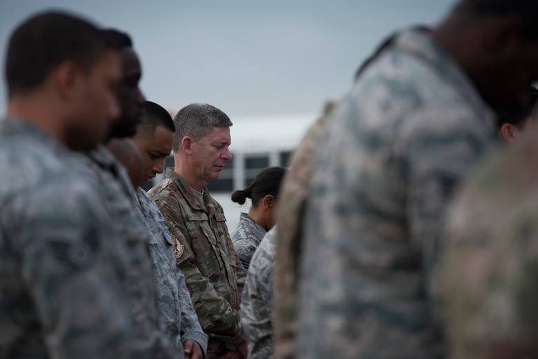 U.S. Air Force Lt. Col. Brent Payton, 447th Air Expeditionary Group deputy commander, bows his head at a memorial service honoring the fallen crew of Shell 77 May 3, 2017 at Incirlik Air Base, Turkey. U.S. Air Force Capt. Mark Voss, Capt. Victoria Pinckney and Technical Sgt. Herman Mackey III were deployed to the 376th Air Expeditionary Wing’s 22nd Expeditionary Air Refueling Squadron in support of Operation Enduring Freedom when their KC-135 Stratotanker crashed in Northern Kyrgyzstan. (U.S. Air Force photo by Airman 1st Class Devin M. Rumbaugh)