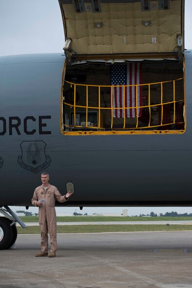 U.S. Air Force Lt. Col. Timothy Mach, 22nd Expeditionary Air Refueling Squadron commander, speaks during a memorial service honoring the fallen crew of Shell 77 May 3, 2017, at Incirlik Air Base, Turkey. The American flag in the U.S. Air Force KC-135 Stratotanker was first flown in honor of the crew on May 4, 2013, the day after the incident. (U.S. Air Force photo by Airman 1st Class Devin M. Rumbaugh)