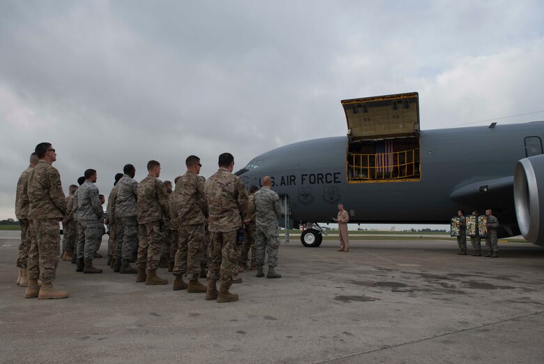 U.S. Airmen assigned to the 22 Expeditionary Air Refueling Squadron hold a memorial service honoring the crew of Shell 77 May 3, 2017 at Incirlik Air Base, Turkey. U.S. Air Force Capt. Mark Voss, Capt. Victoria Pinckney and Technical Sgt. Herman Mackey III were deployed to the 376th Air Expeditionary Wing’s 22nd Expeditionary Air Refueling Squadron in support of Operation Enduring Freedom when their KC-135 Stratotanker crashed in Northern Kyrgyzstan. (U.S. Air Force photo by Airman 1st Class Devin M. Rumbaugh)  