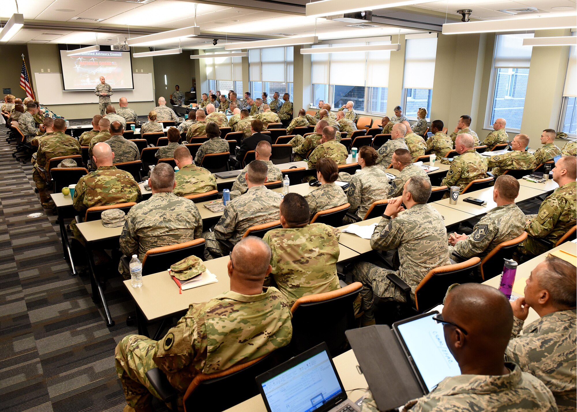 Chief Master Sgt. Edward Walden Sr., the commandant of the Chief Master Sergeant Paul H. Lankford Enlisted Professional Military Education Center, speaks with the Army and Air National Guard’s top enlisted leaders at the I.G. Brown Training and Education Center campus, May 2, 2017, in east Tennessee. The National Guard Joint Enlisted Advisory Council (JEAC) met at TEC this week to work together, as well as within their component groups, and coordinate efforts addressing enlisted Guard members. (U.S. Air National Guard photo by Master Sgt. Mike R. Smith)