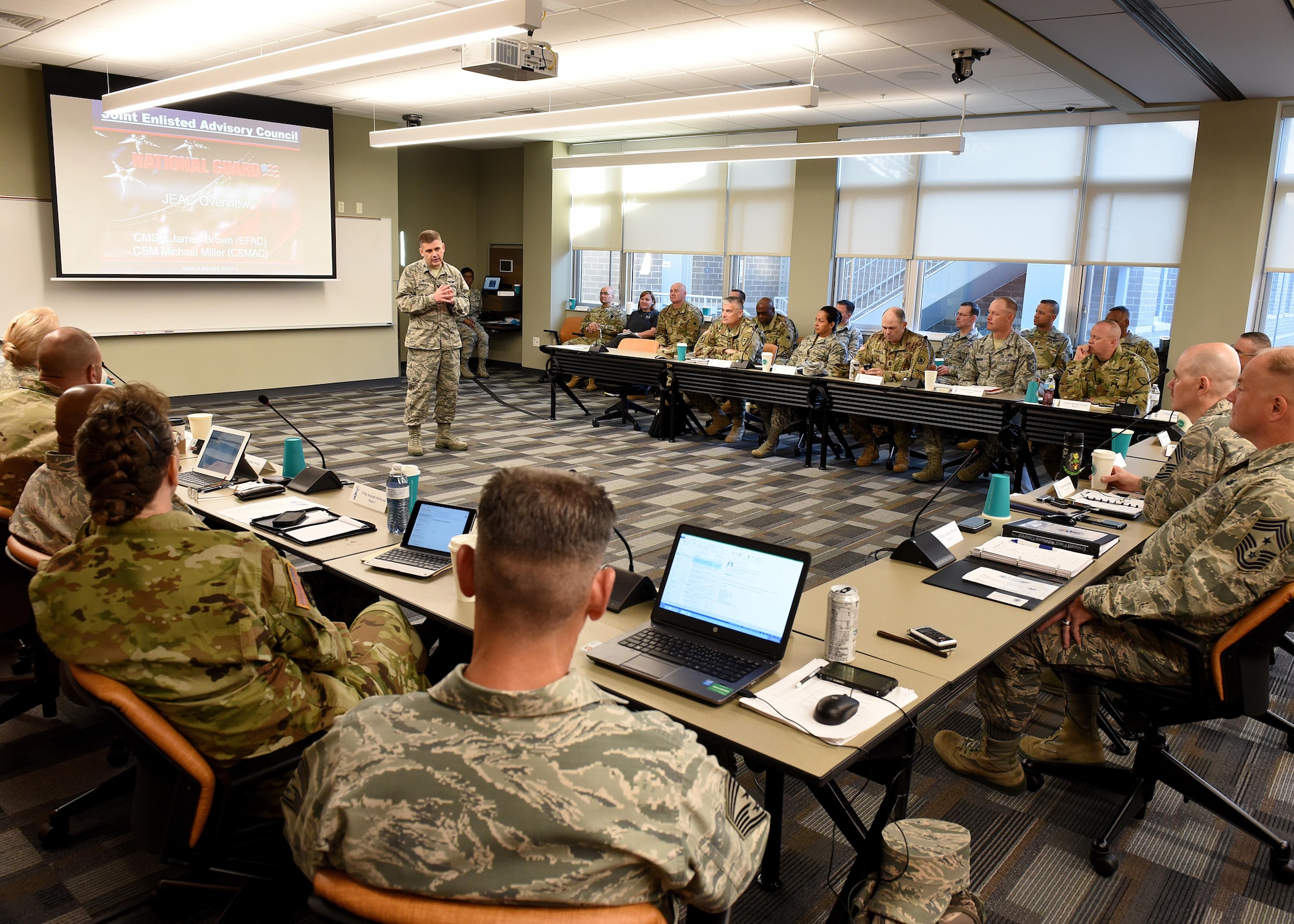 Col. Kevin Donovan, the commander of the I.G. Brown Training and Education Center, welcomes the Army and Air National Guard’s top enlisted leaders to the campus, May 2, 2017, in east Tennessee. The National Guard Joint Enlisted Advisory Council (JEAC) met at TEC this week to work together, as well as within their component groups, and coordinate efforts addressing enlisted Guard members. (U.S. Air National Guard photo by Master Sgt. Mike R. Smith)