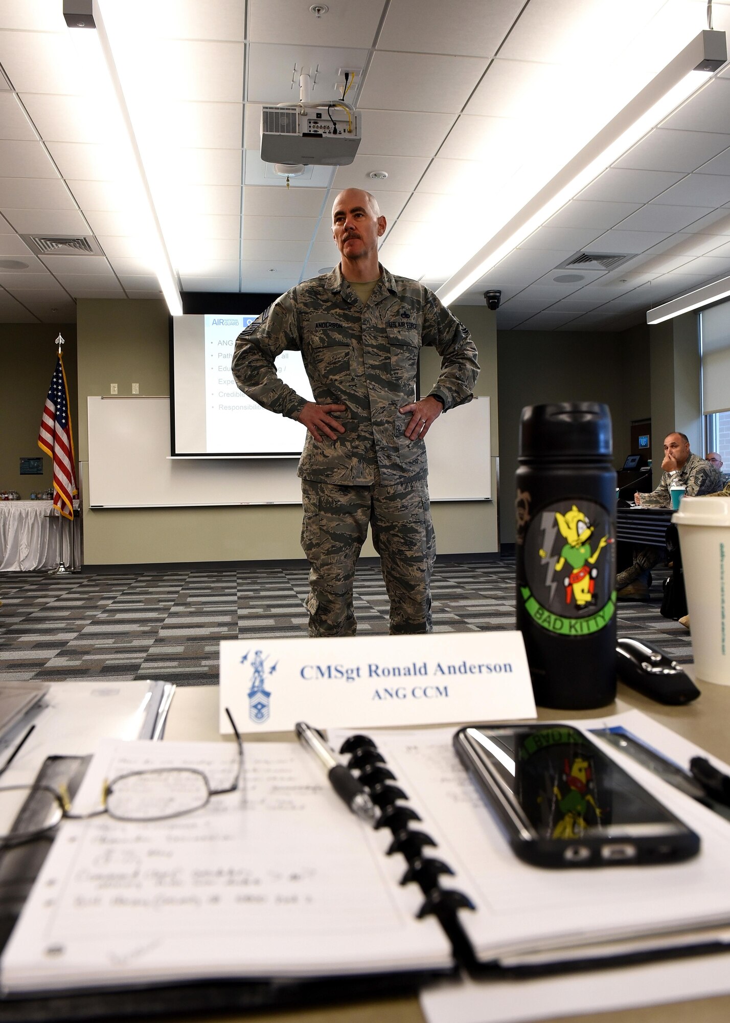 The Command Chief Master Sergeant of the Air National Guard, Chief Master Sgt. Ron Anderson speaks with the Army and Air National Guard’s top enlisted leaders at the I.G. Brown Training and Education Center, May 2, 2017, in east Tennessee. The National Guard Joint Enlisted Advisory Council (JEAC) met this week to coordinate efforts on issues affecting enlisted Guard members. (U.S. Air National Guard photo by Master Sgt. Mike R. Smith)