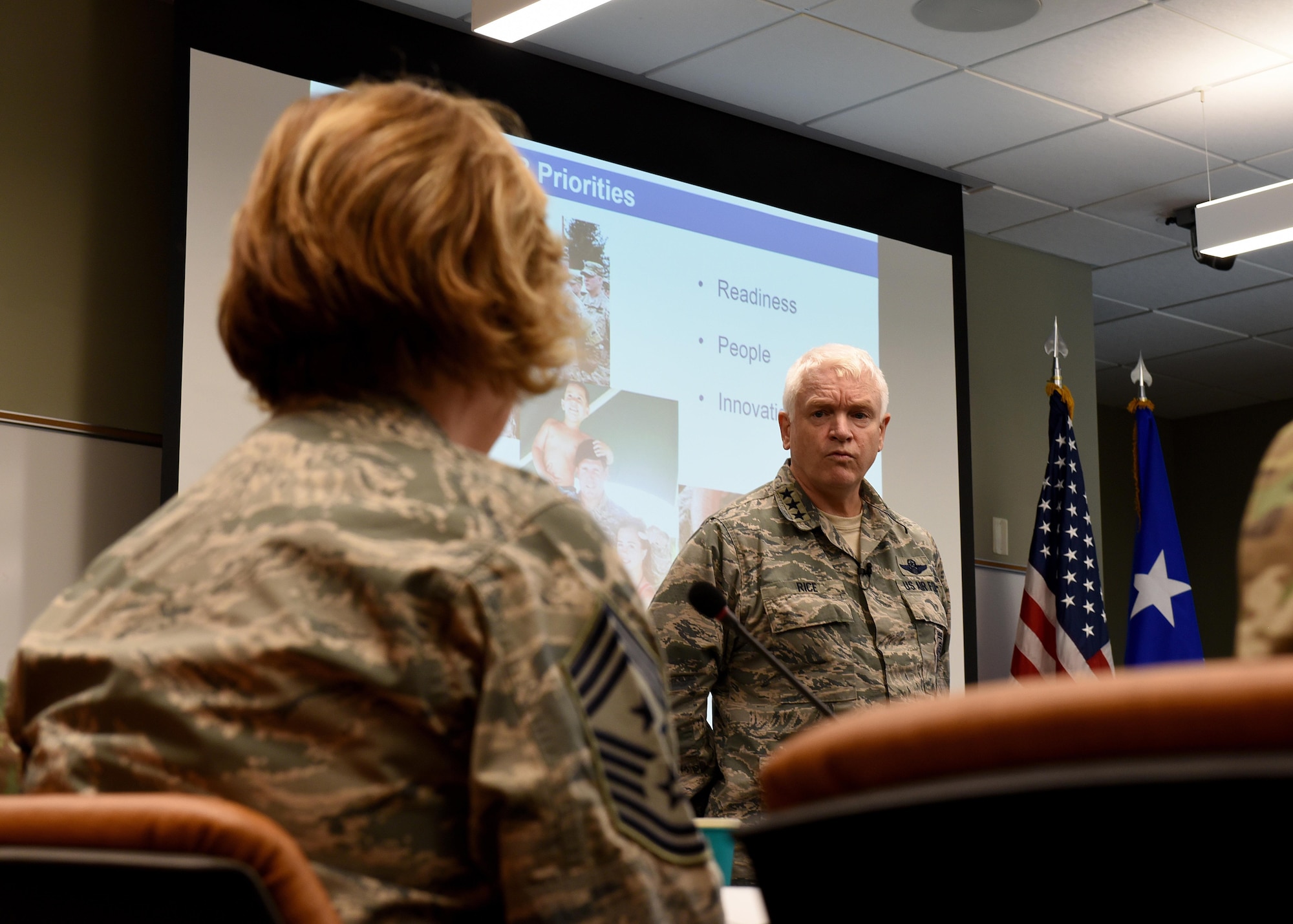 The Director of the Air National Guard, Lt. Gen. L. Scott Rice, visits the I.G. Brown Training and Education Center, May 2, 2017, in east Tennessee. General Rice spoke with the National Guard’s Joint Enlisted Advisory Council (JEAC), or about 90 senior enlisted National Guard Soldiers and Airmen from the states and territories here this week. He also toured TEC’s campus, meet professional military education students and attended the afternoon retreat ceremony with students and staff. (U.S. Air National Guard photo by Master Sgt. Mike R. Smith)
