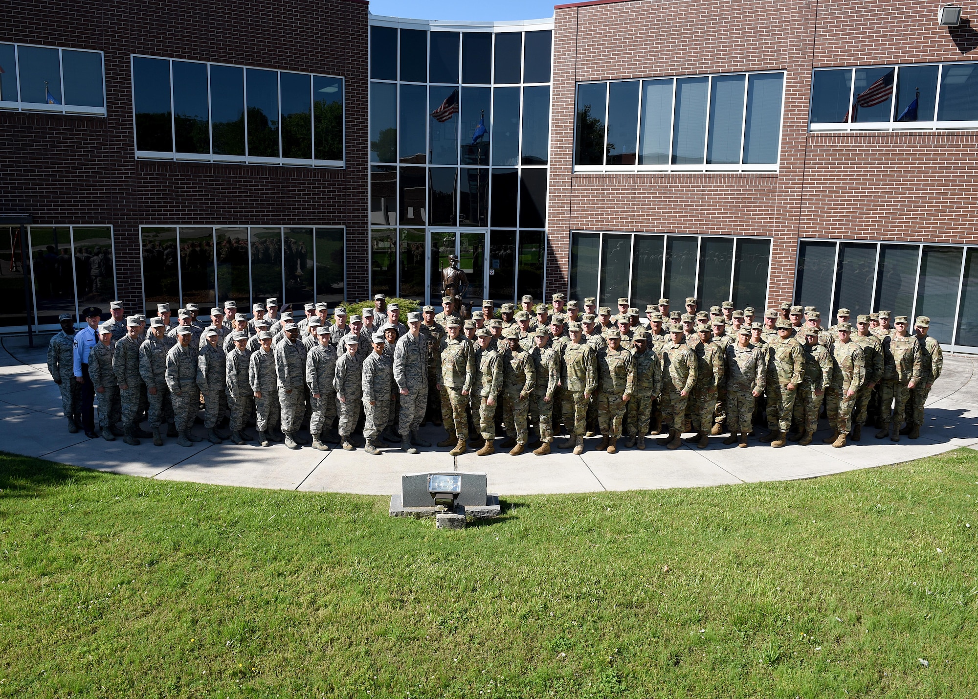 The Army and Air National Guard’s senior enlisted leaders gather outside Patriot Hall at the I.G. Brown Training and Education Center, May 3, 2017, in east Tennessee, for a photograph as a Joint Enlisted Advisory Council. The JEAC met at TEC this week to work together, as well as within their component groups, and coordinate efforts for enlisted Guard members. (U.S. Air National Guard photo by Master Sgt. Mike R. Smith)