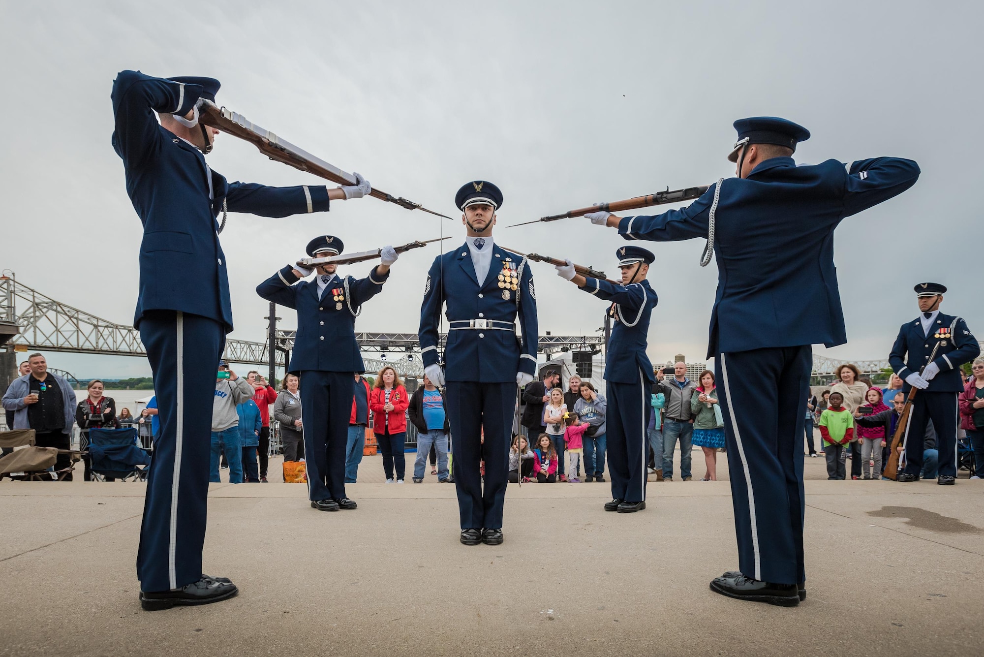 Members of the U.S. Air Force Honor Guard execute a precision rifle drill before an appreciative crowd at Waterfront Park in downtown Louisville, Ky., May 3, 2017, as part of the Kentucky Derby Festival. The Airmen, from Joint Base Anacostia-Bolling in Washington, D.C., strive to represent the Air Force Core Values of integrity, service and excellence through precise drill movements, immaculate appearance and extreme attention to detail. (U.S. Air National Guard photo by Lt. Col. Dale Greer)