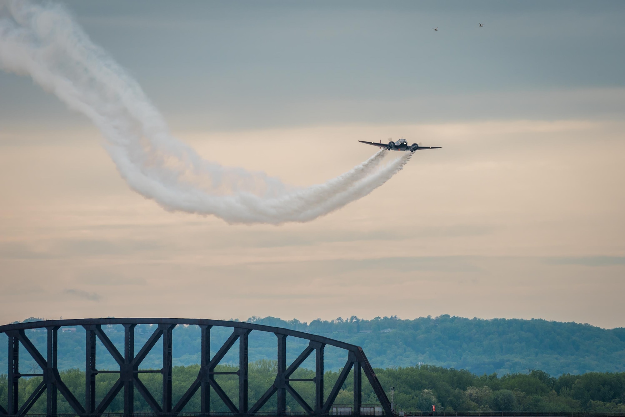 Matt Younkin flies an aerial demonstration in his Twin Beech aircraft April 22, 2017, during the Thunder Over Louisville air show in Louisville, Ky. The annual event has grown to become the largest single-day air show in the nation. (U.S. Air National Guard photo by Lt. Col. Dale Greer)