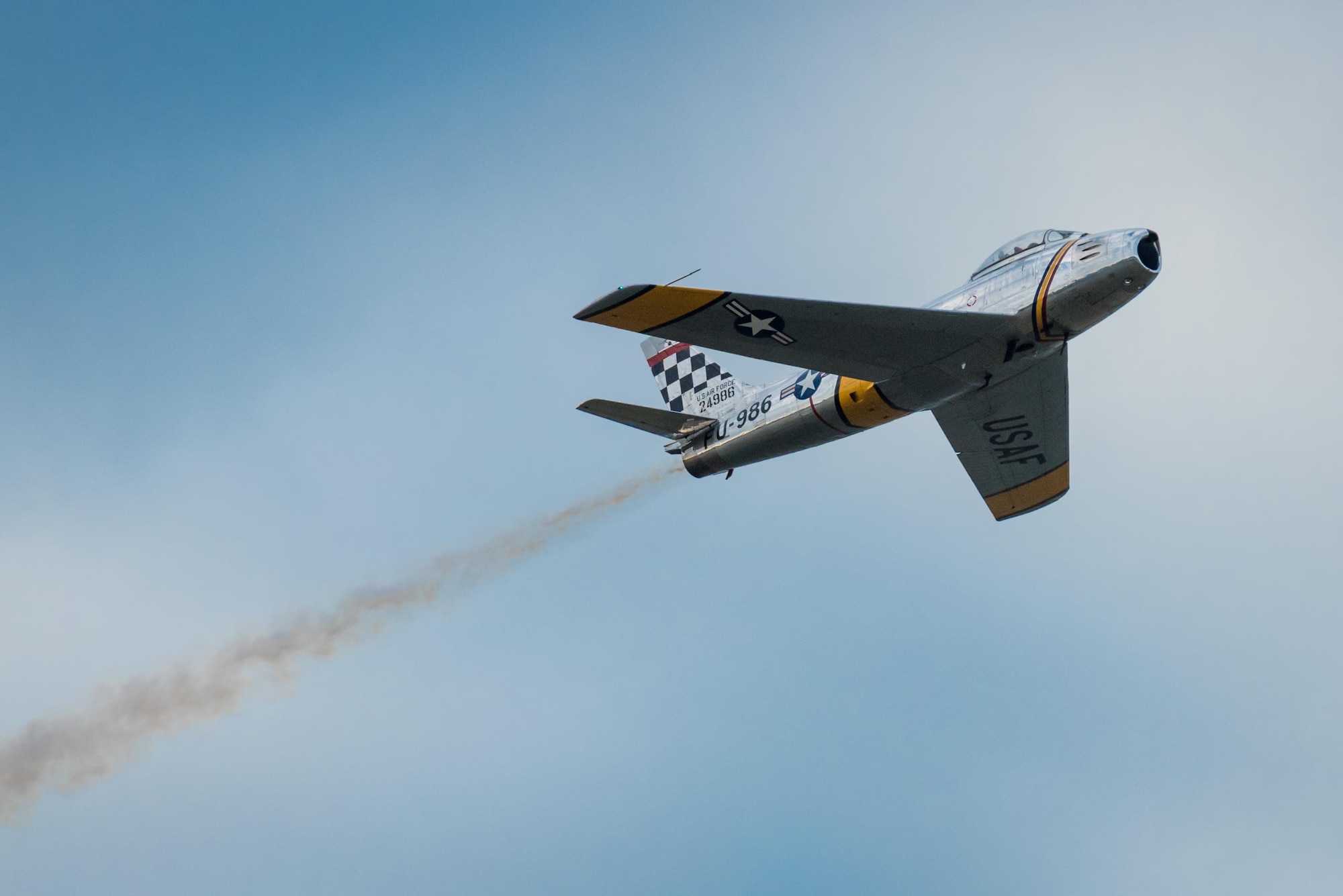 An F-86 Sabre Jet warbird flies an aerial demonstration over the Ohio River during the Thunder Over Louisville air show in Louisville, Ky. April 22, 2017. The annual event has grown to become the largest single-day air show in the nation. (U.S. Air National Guard photo by Lt. Col. Dale Greer)