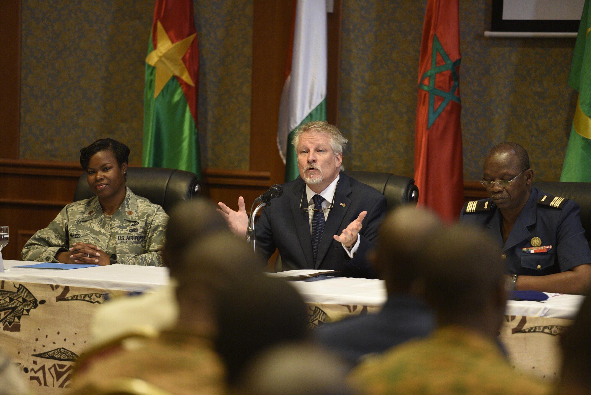 Andrew Young, U.S. Ambassador to Burkina Faso, gives remarks during closing ceremony of the African Partnership Flight in Ouagadougou, Burkina Faso, April 21, 2017. APF in Burkina Faso hosted participants from Chad, Mali, Mauritania, Niger, Cote d’Ivoire and Morocco to help strengthen relationships and share best practices. (U.S. Air Force photo by Staff Sgt. Jonathan Snyder)