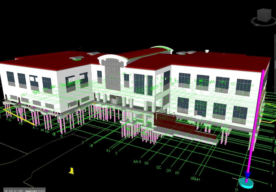 Figure 1. Yates Construction’s leadership team finds great efficiencies are gained when they build a project twice.  By virtually building the ERDC headquarters building using BIM modeling software before physical construction started, Yates’ project teams were able to create information rich models that contain valuable information regarding the building’s design, potential constructability issues, as well as subcontractor logistics.