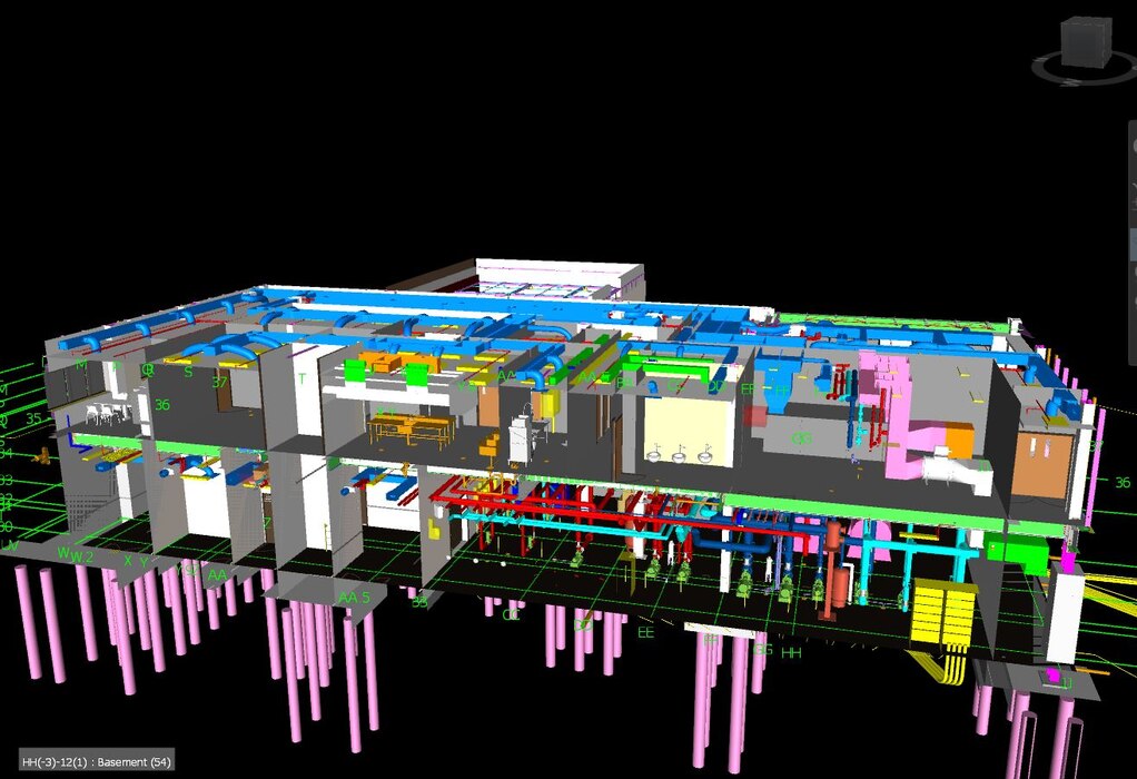 Figure 2. In BIM modeling of the ERDC headquarters building there is not just one model created by the Yates Construction team, but several that are integrated into a composite master model.  Each discipline including structural engineering, mechanical, electrical and plumbing engineering creates a model independently of all the others, based upon the Mobile District’s original contract plan set, which is the starting point.