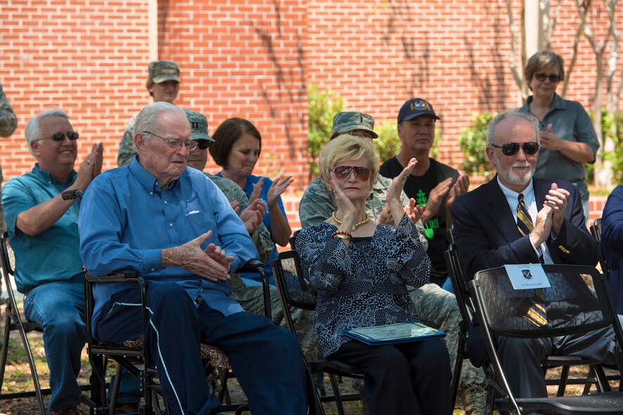 Team Moody and local community members applaud during the induction of “Flying Tiger Oak” into the Live Oak Society, April 28, 2017, at Moody Air Force Base, Ga. This tree is one of approximately 8,300 nationally registered live oaks across 14 states, known for its prestigious tradition, location and size. Dr. Lucy Greene, Moody Support Committee executive director, reached out to community leaders about getting the tree recognized, which was accepted for its significance of pre-dating Moody AFB and being symbolic of the communities’ bond. 