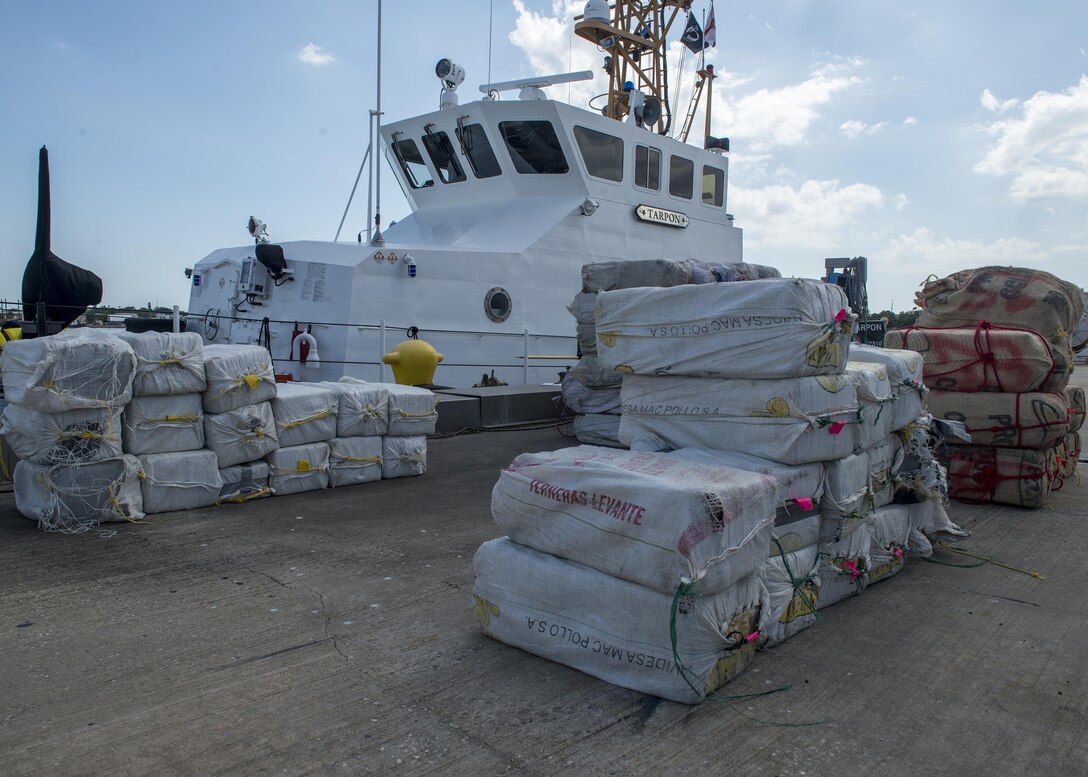 More than 3,825 pounds of cocaine await transfer to federal agents Wednesday, May 3, 2017 at Coast Guard Sector St. Petersburg, Florida. The contraband was interdicted during four separate cases supporting Operation Martillo, a joint interagency and multi-national collaborative effort among 14 Western Hemisphere and European nations to stop the flow of illicit cargo by Transnational Criminal Organizations. (U.S. Coast Guard photo by Petty Officer 1st Class Michael De Nyse)