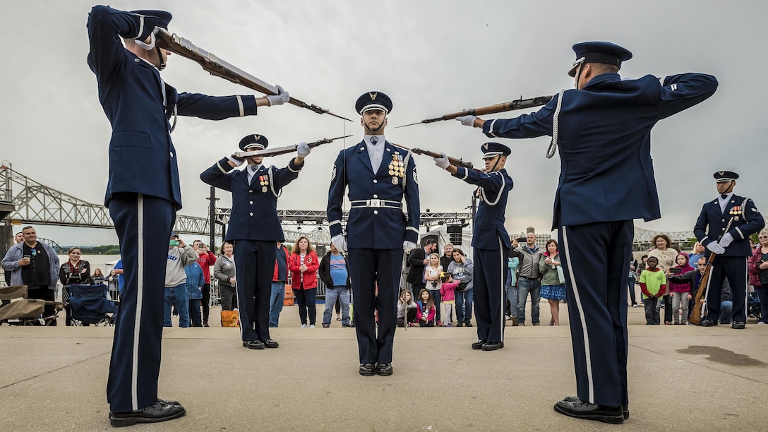 U.S. Air Force Honor Guard members execute a precision rifle drill at Waterfront Park in downtown Louisville, Ky., May 3, 2017, as part of the Kentucky Derby Festival. Air National Guard photo by Lt. Col. Dale Greer