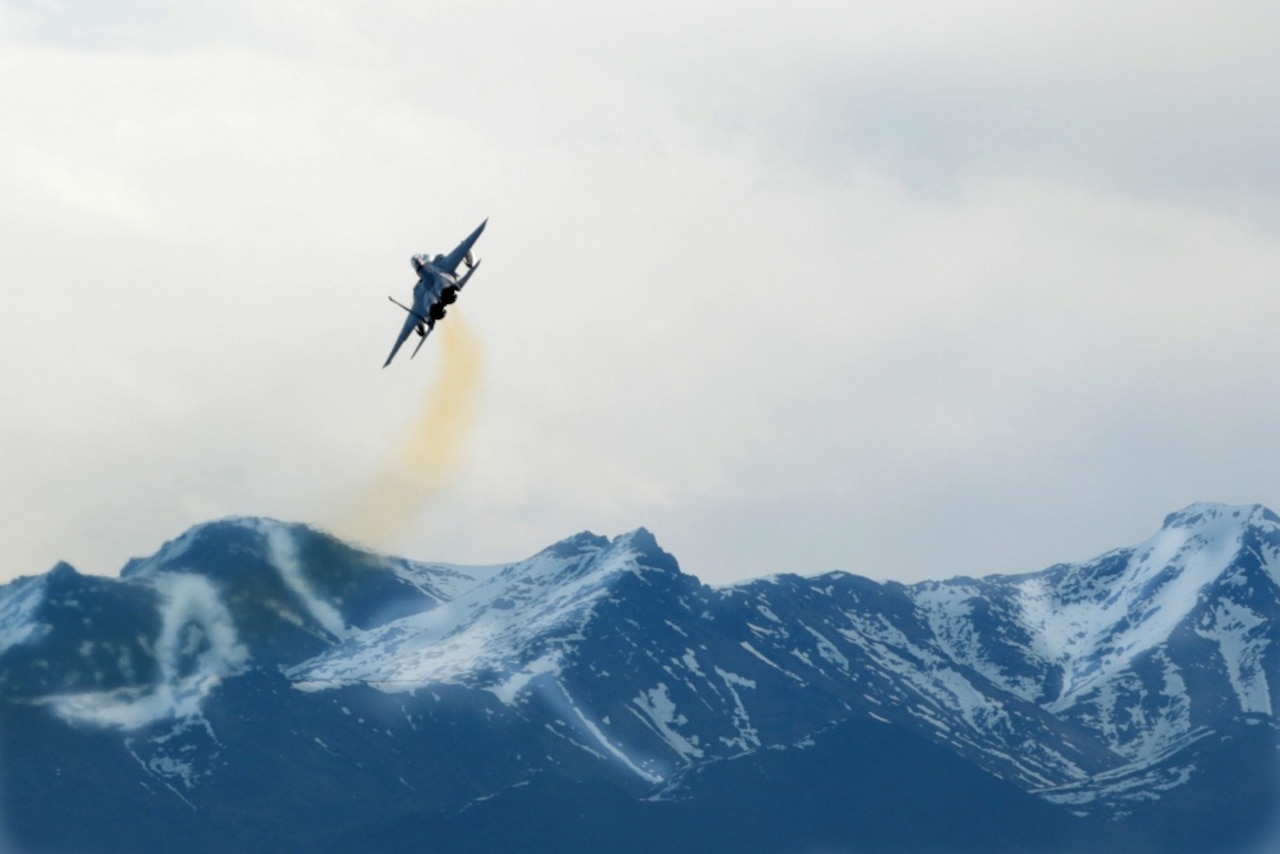 Air Force Capt. Jason Shank, a pilot with the 67th Fighter Squadron from Kadena Air Base, Japan, takes off in his F-15C Eagle fighter from Joint Base Elmendorf-Richardson, Alaska, during Exercise Northern Edge 17, May 3, 2017. The joint exercise uses Alaska's massive range area and is composed of more than 6,000 service members across all service branches. Army photo by Sgt. 1st Class Joel Gibson