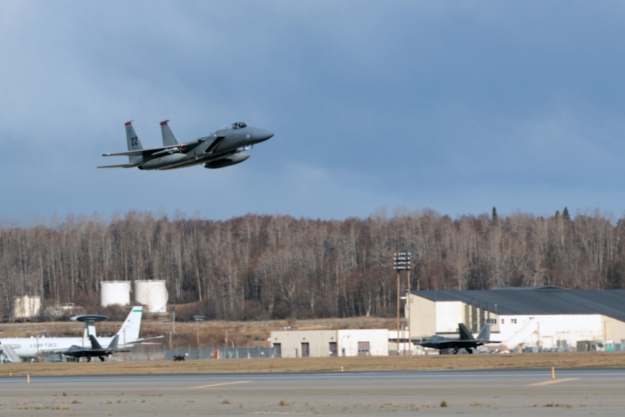Air Force Capt. Jason Shank, a pilot with the 67th Fighter Squadron from Kadena Air Base, Japan, flies his F-15C Eagle fighter over Joint Base Elmendorf-Richardson, Alaska, during Exercise Northern Edge 17, May 3, 2017. The joint exercise uses Alaska's massive range area and is composed of more than 6,000 service members across all service branches. Army photo by Sgt. 1st Class Joel Gibson
