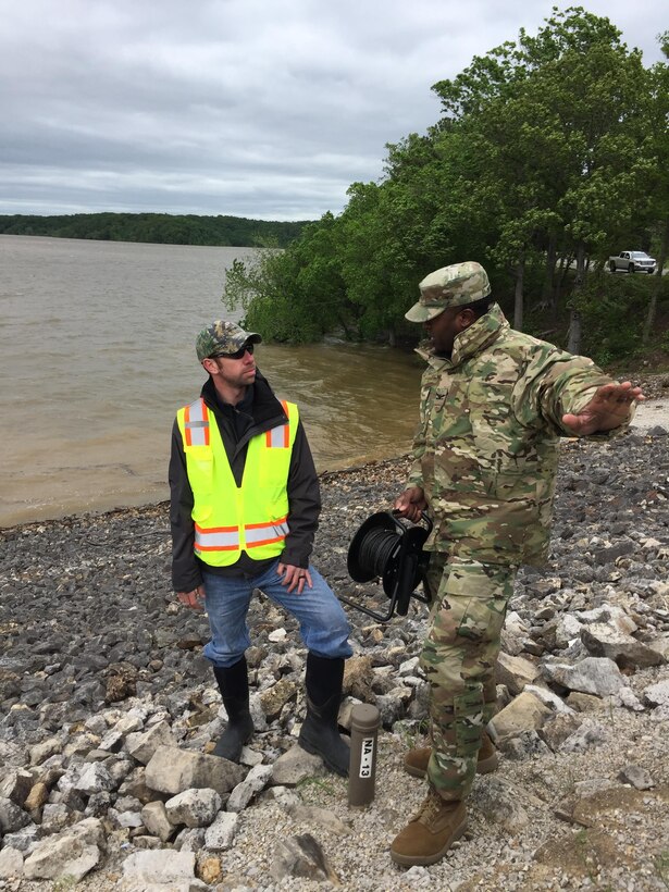 St. Louis District U.S. Army Corps of Engineers staff assesses the Auxiliary Spillway at Wappapello Lake in Wappapello, Mo., May 1, 2017. During the 2017 Spring Flood Wappapello Lake filled its flood control pool and discharged through the spillway.