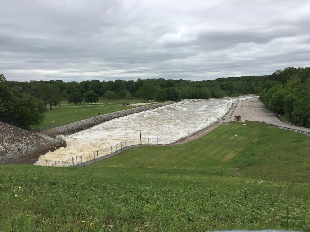 St. Louis District U.S. Army Corps of Engineers staff assesses the Auxiliary Spillway at Wappapello Lake in Wappapello, Mo., May 1, 2017. During the 2017 Spring Flood Wappapello Lake filled its flood control pool and discharged through the spillway.