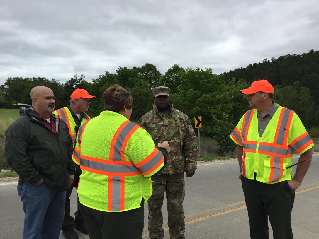 St. Louis District U.S. Army Corps of Engineers staff assesses the Auxiliary Spillway at Wappapello Lake in Wappapello, Mo., May 1, 2017. During the 2017 Spring Flood Wappapello Lake filled its flood control pool and discharged through the spillway.