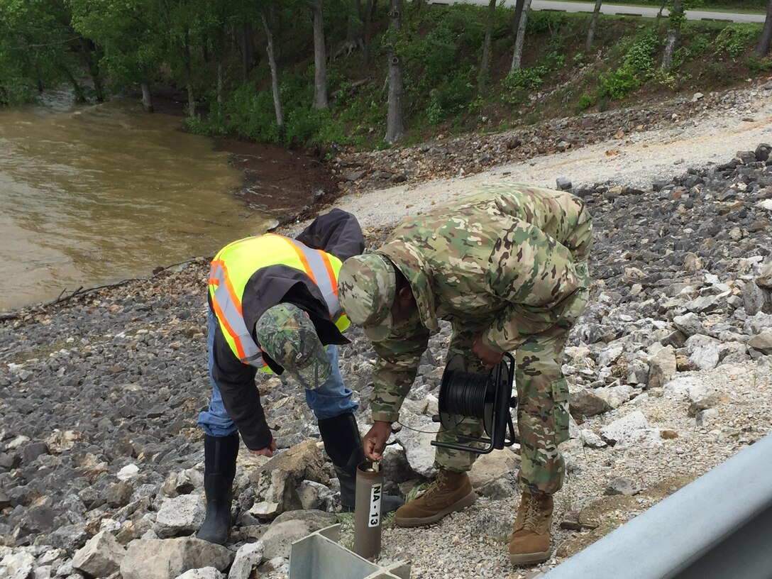 St. Louis District U.S. Army Corps of Engineers staff assesses the Auxiliary Spillway at Wappapello Lake in Wappapello, Mo., May 1, 2017. During the 2017 Spring Flood Wappapello Lake filled its flood control pool and discharged through the spillway.